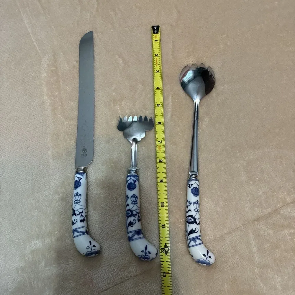 Vintage Prill Sheffield Blue Onion Porcelain Utensils Serving Set Of 3